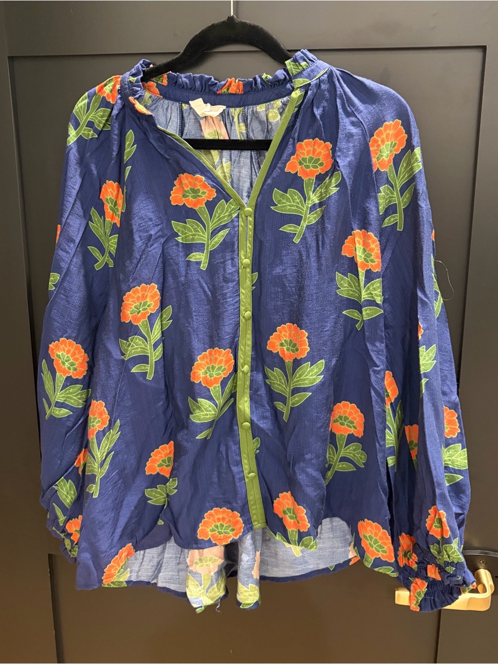 Umgee Navy Floral Button-Front Blouse with Orange Flowers